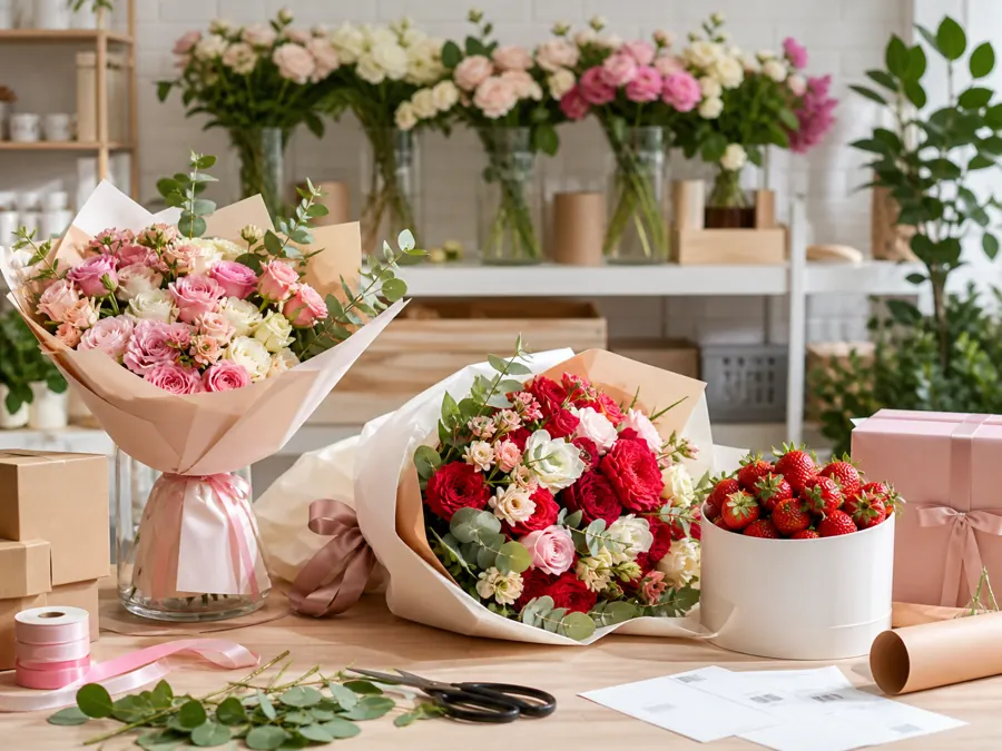 Букеты и упаковка на рабочем столе